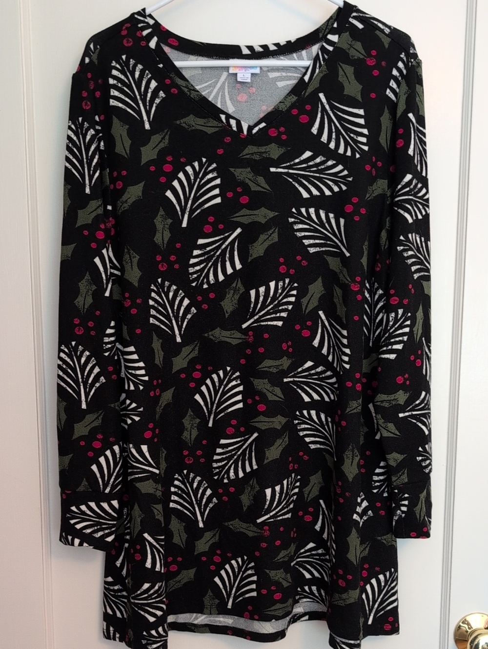 LuLaRoe Black V-Neck Tunic with Red Berry & Green Holly Print